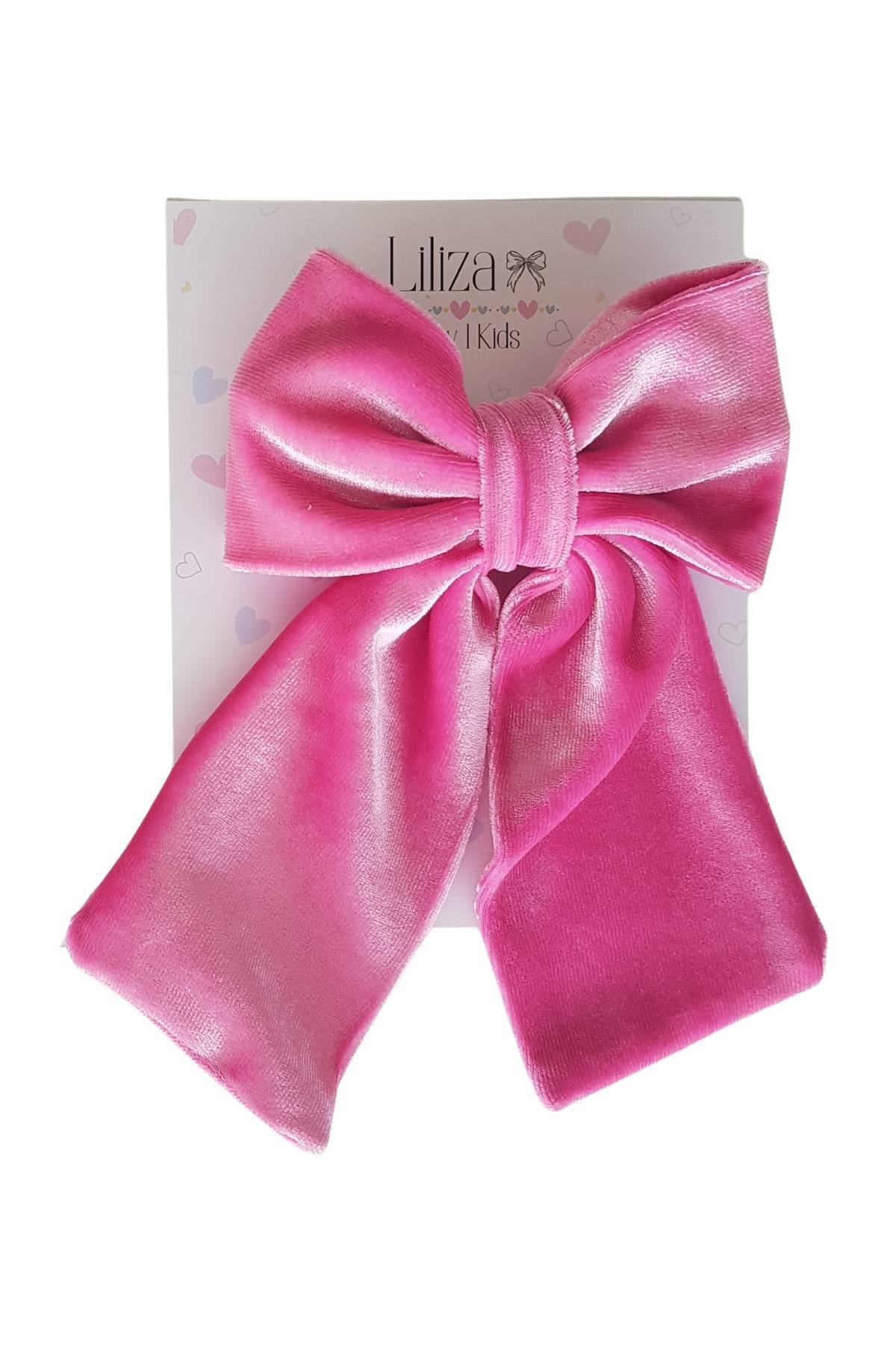 Liliza Accessories Şeker Pembe İpek Kadife Çocuk Yetişkin Kuyruklu Fiyonk Otomatik Toka görsel 2
