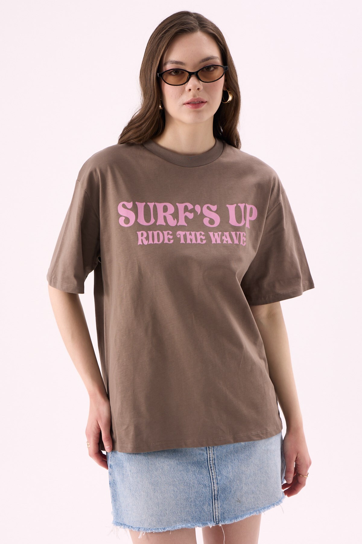 CrepTekstil Crep Women's Surf's up Text Printed Crew Neck Short Sleeve T-Shirt – Oversize Fit 100% Cotton Mink