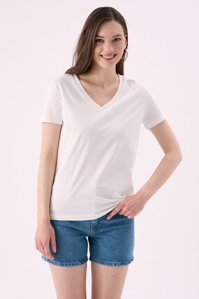 CrepTekstil Crep Kadın Basic V Yaka Kısa Kollu T-Shirt Ekru – Regular Fit %10...