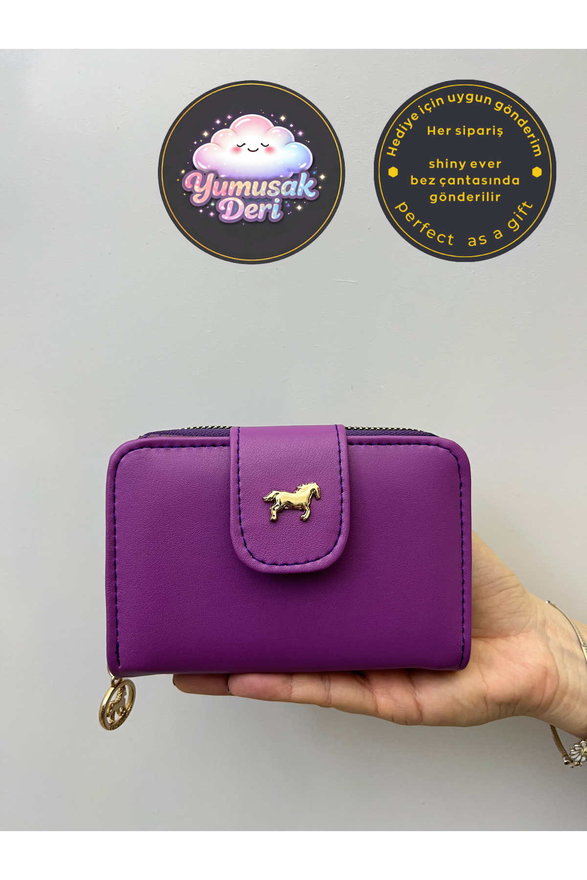shiny ever  Mor Yumuşak Deri Kadın Cüzdan Gold Detaylı - Görsel 3