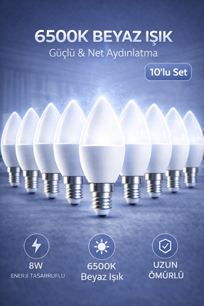Edison 10 Adet 8W LED Ampul E14 Duy 6500K Beyaz Işık Buji Mum Tipi Tasarruflu...