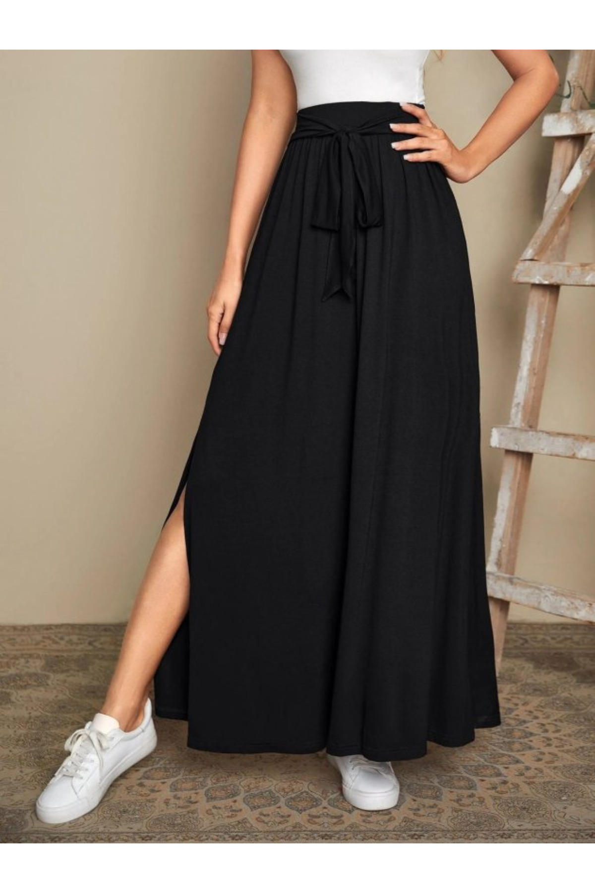 JANES  Kadın Yüksek Bel Beli Kuşaklı Yandan Yırtmaçlı Uzun Sandy Etek