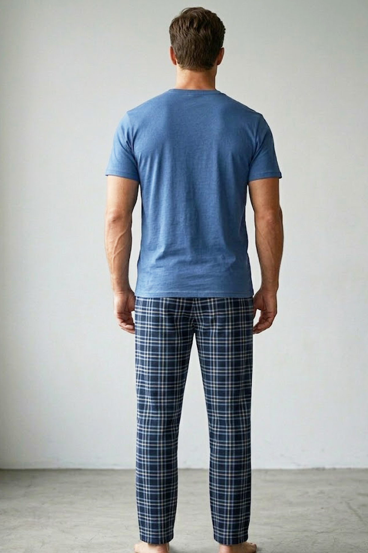 Siyah İnci indigo lacivert Ekose Desenli cep nakışlı Örme Kısa Kollu Pijama Takım 8000 görsel 3