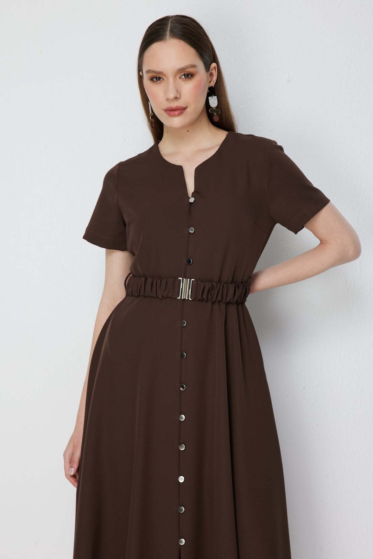 Mi Pret a Porter  Mi Düğmeli Kemerli Midi Elbise - Görsel 4