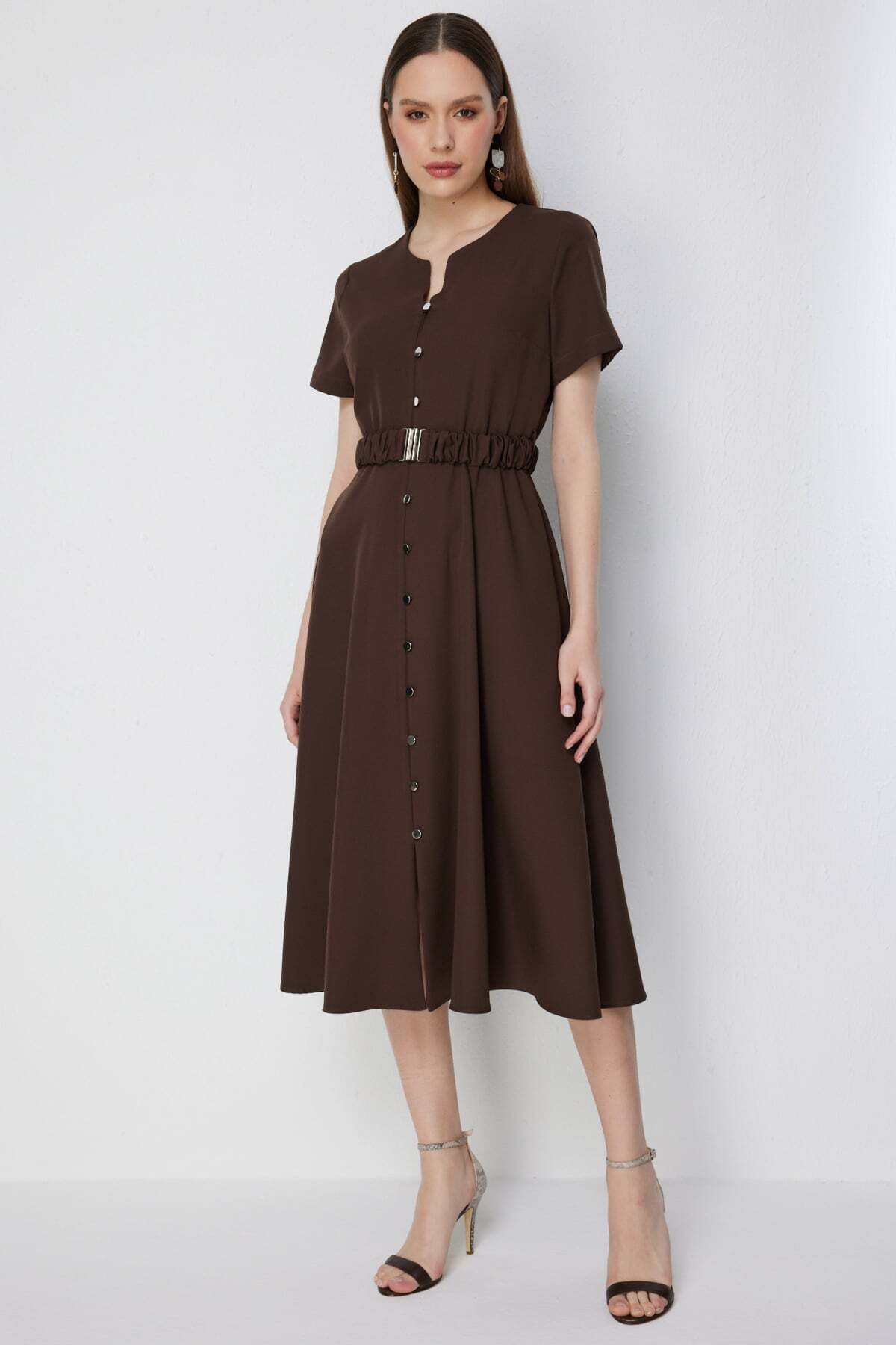 Mi Pret a Porter  Mi Düğmeli Kemerli Midi Elbise - Görsel 2