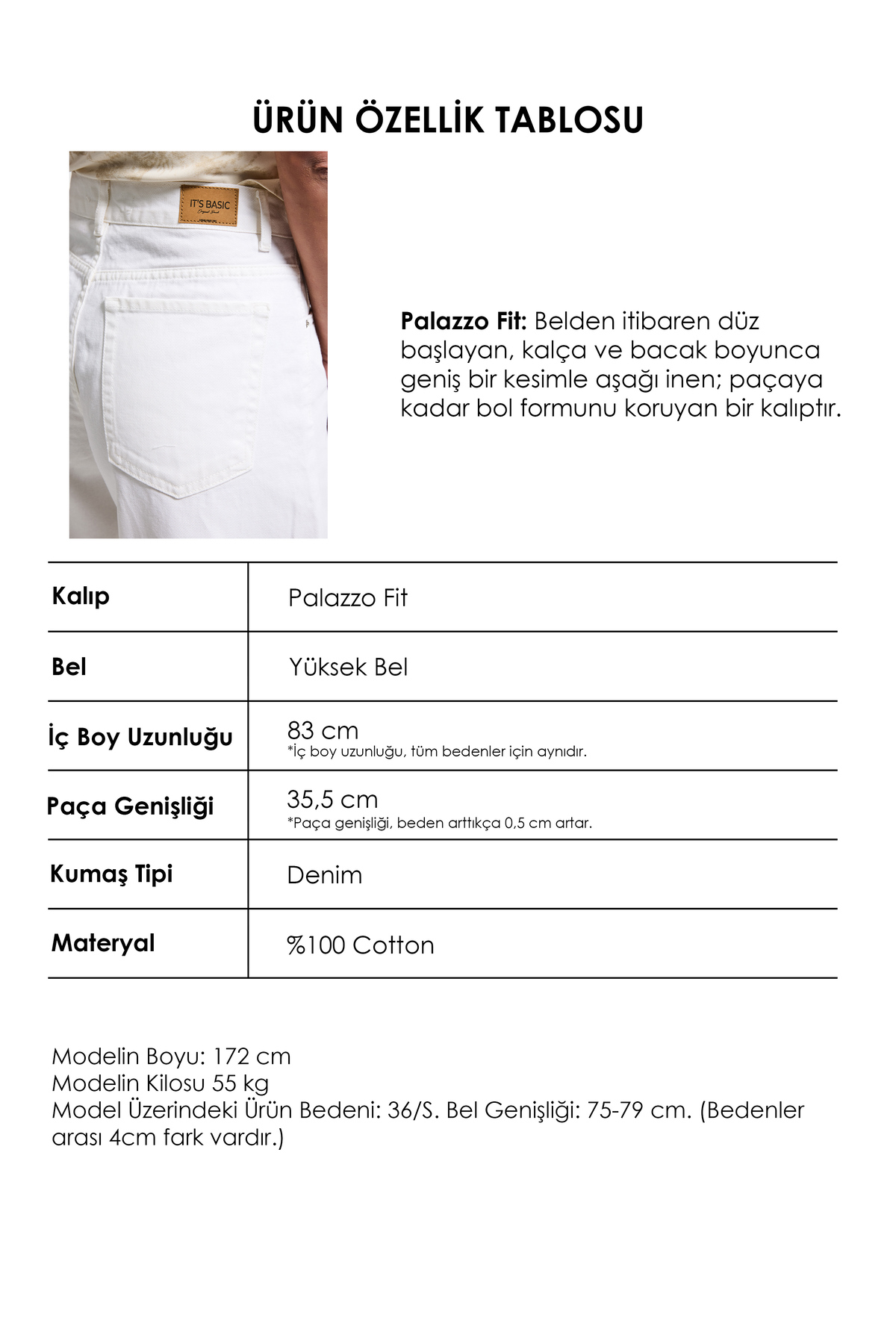 it's basic  Kadın Kırık Beyaz Hera 7s6-101 Palazzo Fit %100 Koton Denim Jean - Görsel 5