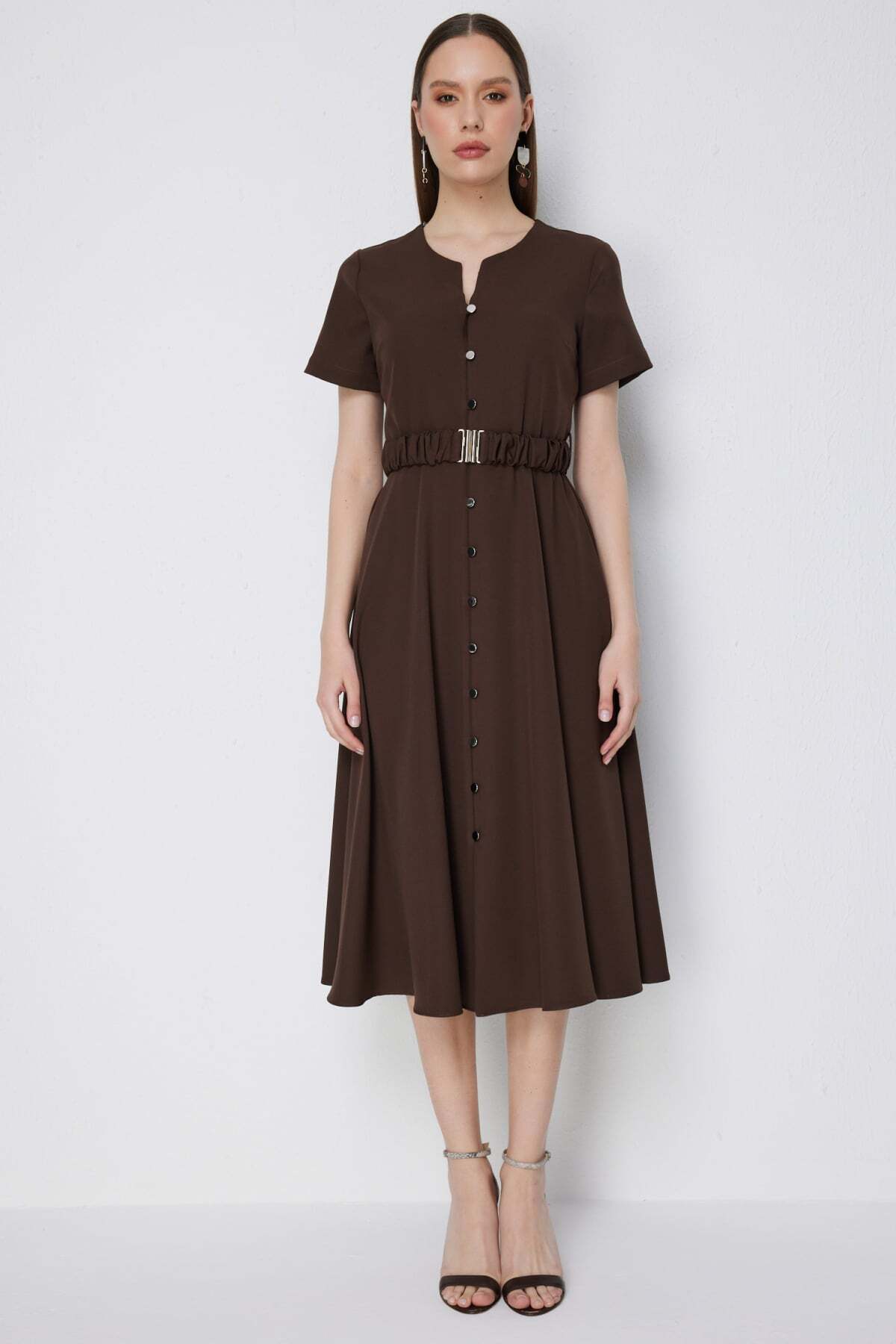 Mi Pret a Porter  Mi Düğmeli Kemerli Midi Elbise - Görsel 3