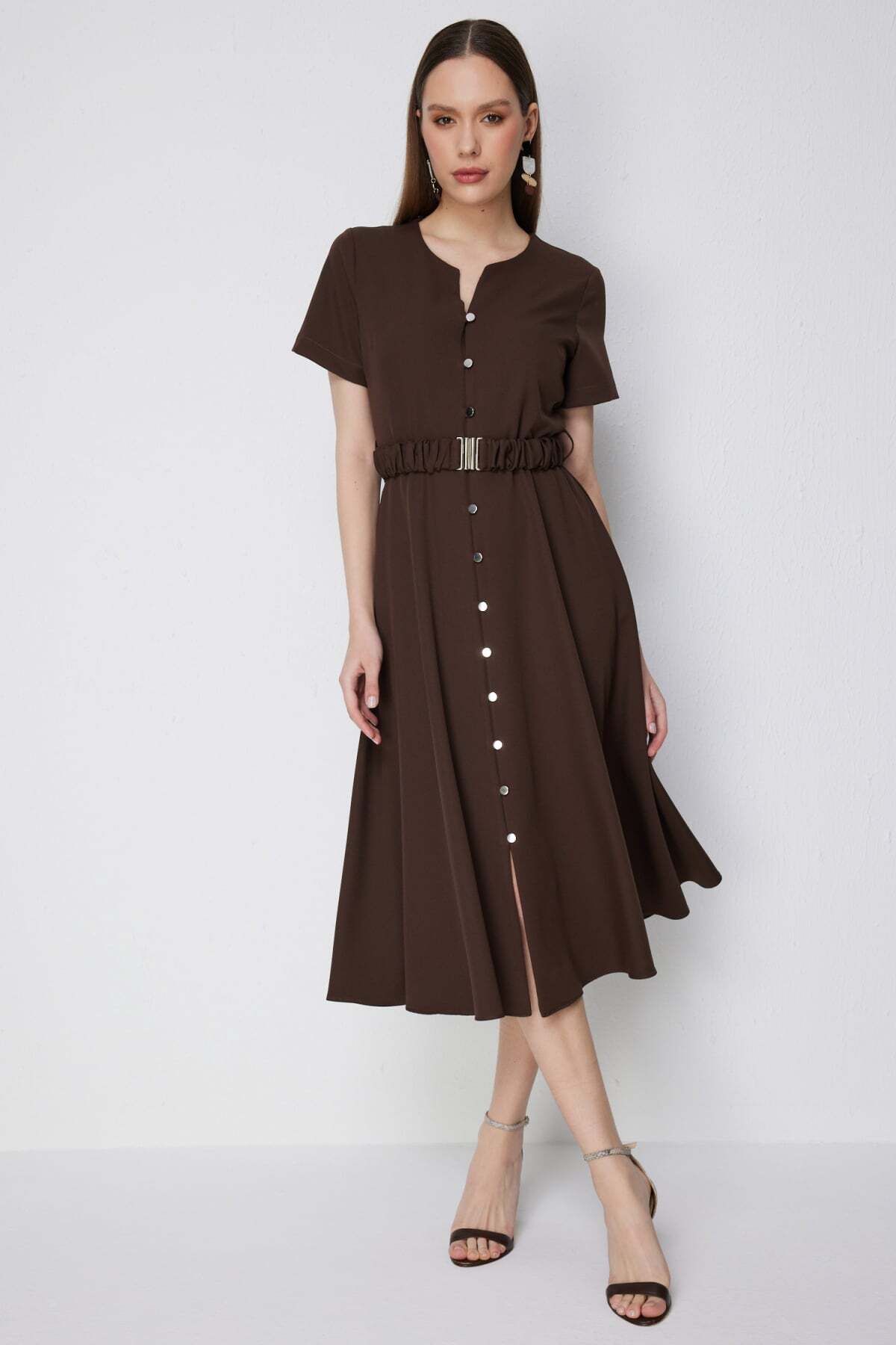 Mi Pret a Porter  Mi Düğmeli Kemerli Midi Elbise