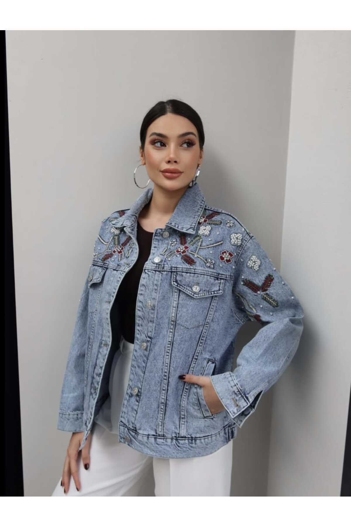 QİMYA BUTİK  LEVURE Kadın Omzu El İşi Taş İşlemeli Nakışlı Rahat Kesim KOT CEKET - Görsel 6