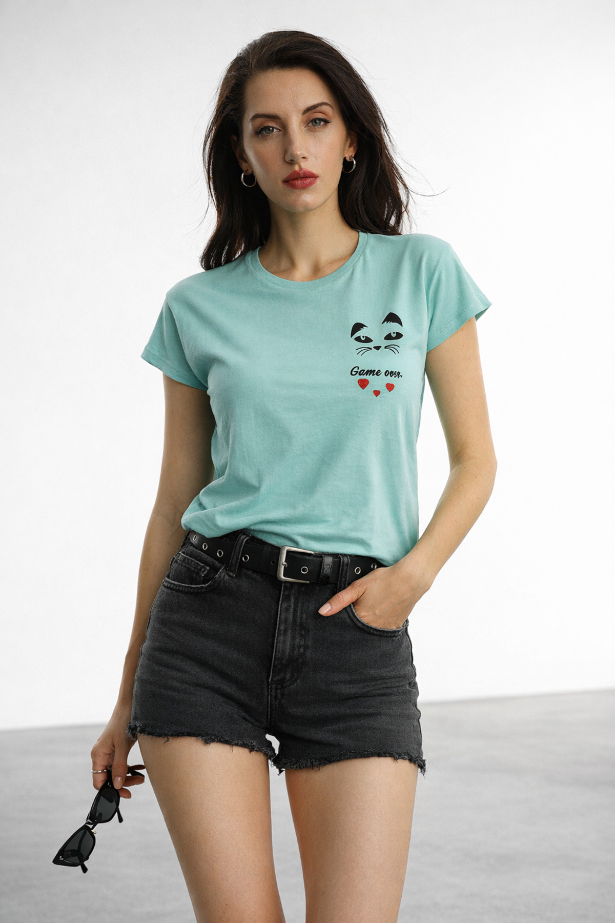 Women's Crew Neck Game Over Cat Printed Regular Fit T-Shirt Turquoise