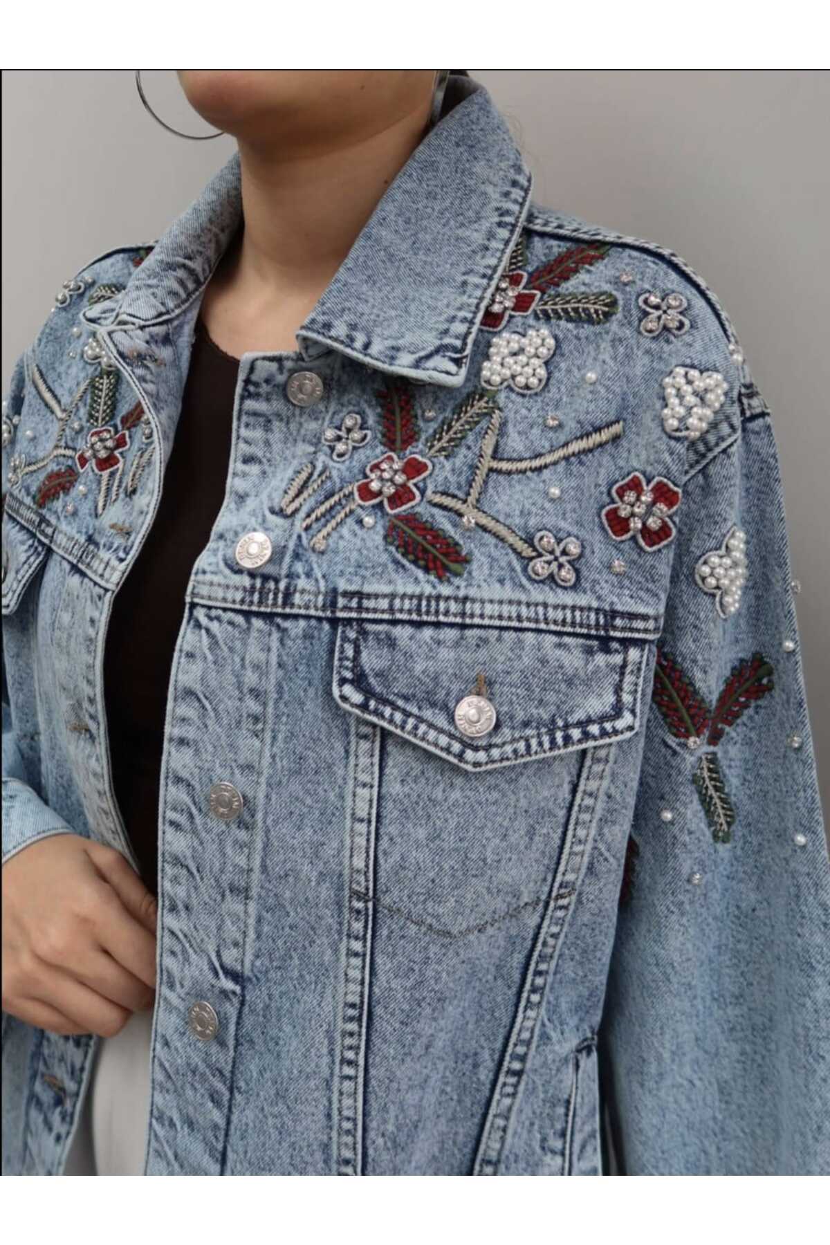 QİMYA BUTİK  LEVURE Kadın Omzu El İşi Taş İşlemeli Nakışlı Rahat Kesim KOT CEKET - Görsel 7