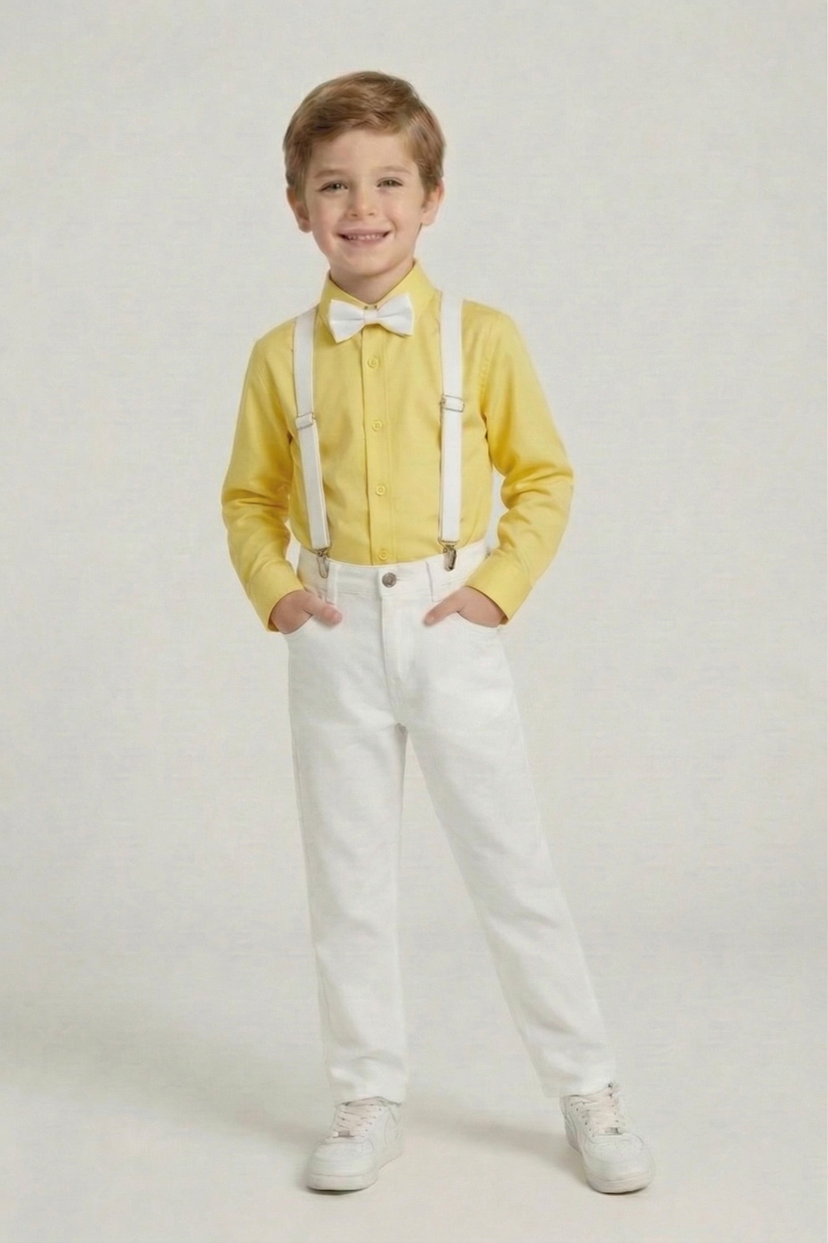 Boys Yellow Long Sleeve Dacron Shirt White Pants White Strap Bow Tie Set 23 April 29 October