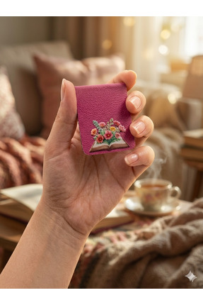 MUKEdu Pembe Suni Deri Kitap Ayracı - Çiçek Desenli Magnetli Ayraç