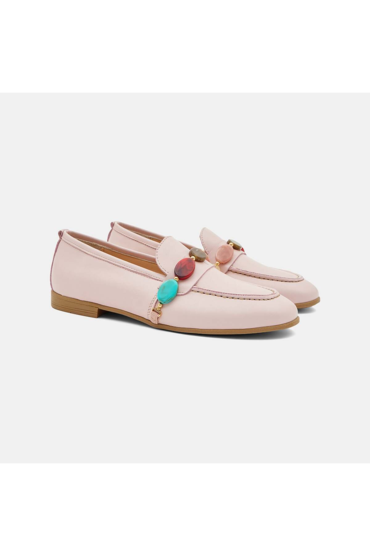 Women's Pink Stone Accessory Leather Loafers