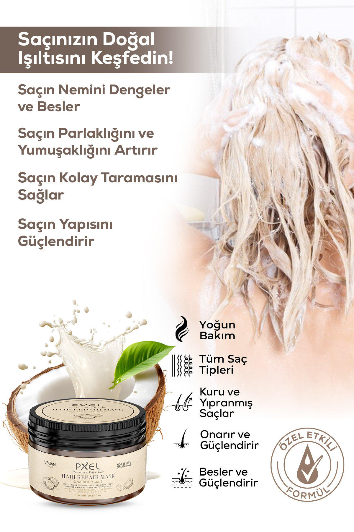 Saç Onarıcı Maske 300 ML | Yıpranmış Kuru Saçlar | Onarıcı, Besleyici, Vegan Saç Maskesi — 8684777707014 — تصویر 3 از 5