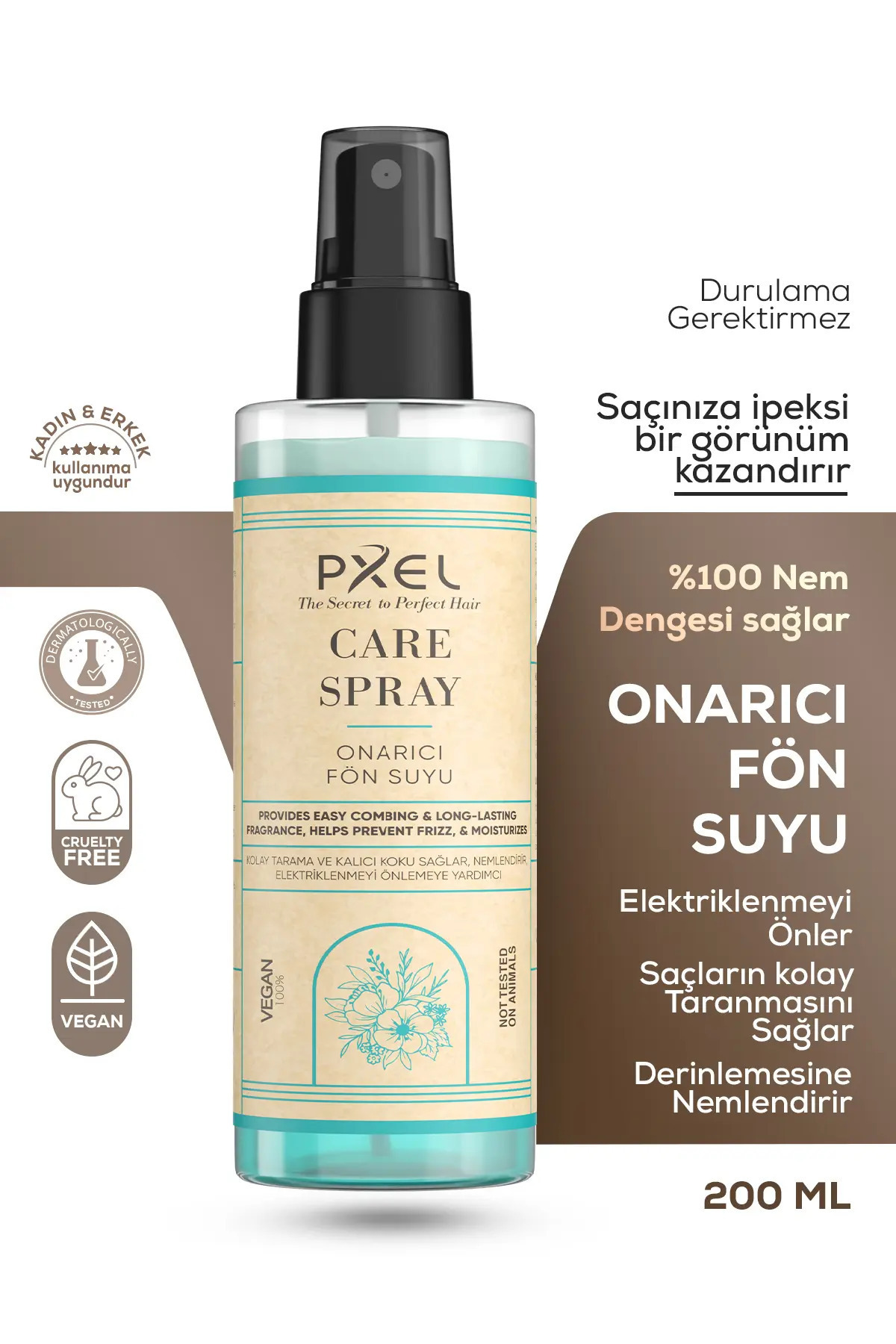 PXEL Çift Fazlı Isı Koruyucu Onarıcı Fön Suyu 200 ML | Vegan, Durulanmayan Saç Bakım Spreyi — 8684777707038