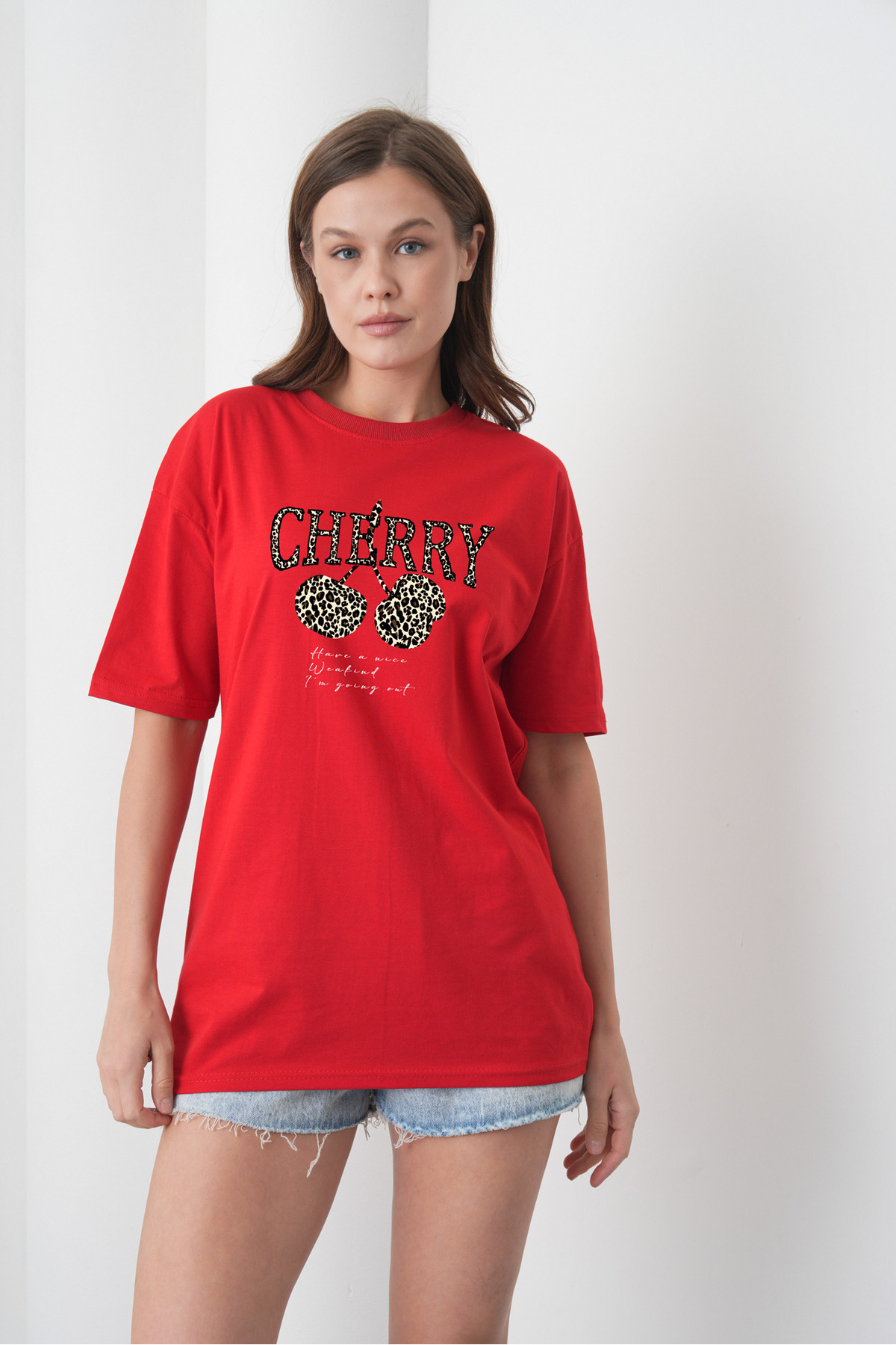 Leopard Patterned Cherry Printed Cotton Combed Cotton Red T-Shirt
