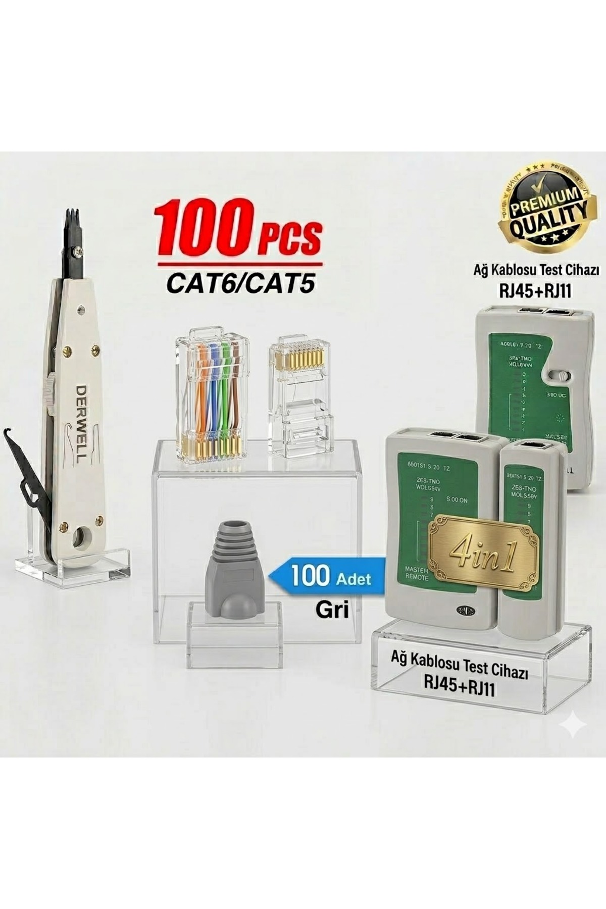 Krone Bıçağı + 100 Adet Yeni Nesil Delikli Jak + 100 Adet Cover Kılıf + Rj45 Rj11 Test Cihazı 4 in 1