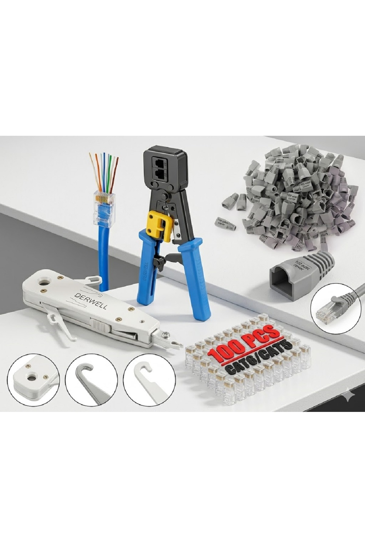 Yeni Nesil RJ45 Sıkma Pensesi + Krone Bıçağı + 100 Adet Yeni Nesil Delikli Jak 100 Adet Cover Kılıf