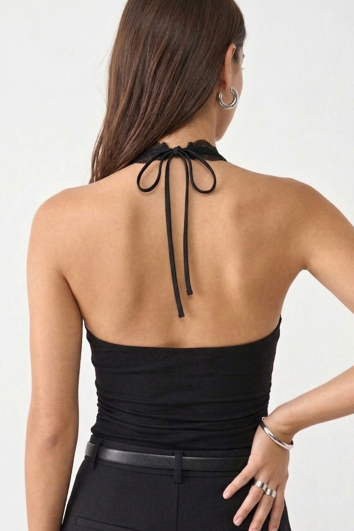 VODENS  Siyah Dantel Askılı %95 Pamuk Kolsuz Bluz - Görsel 3