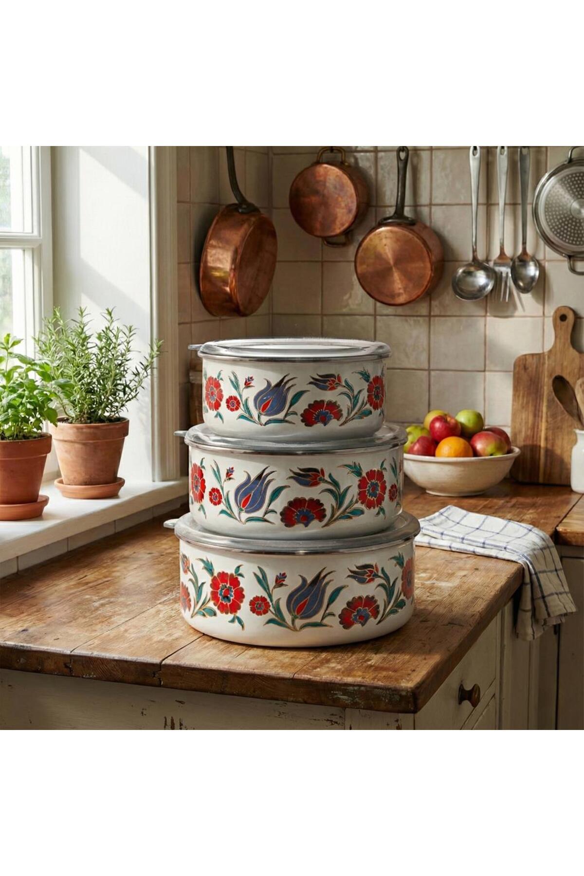 Serenk Emaille Aufbewahrungsschalen Set, 3-teilig, 14/16/18 cm, mit Deckeln m...