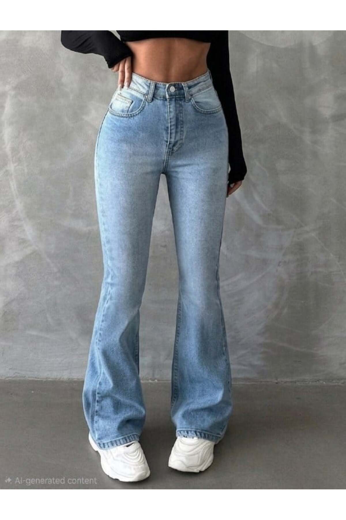 High Waist Spandex Leg Jean Trousers - Full Cotton Flare Denim with Antiquated Detail