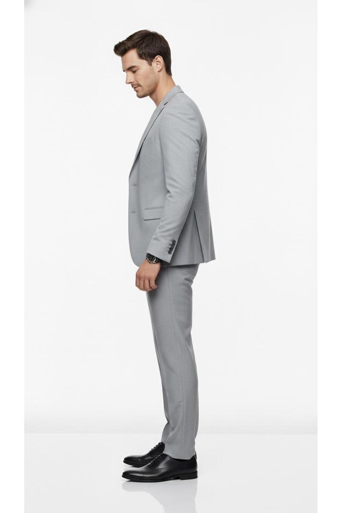 Plus Scorpion Erkek Slim Fit Mikro Desenli Takım Elbise 2 Düğmeli Çift Yırtmaçlı Modern Ceket Pantolon Takım görsel 2