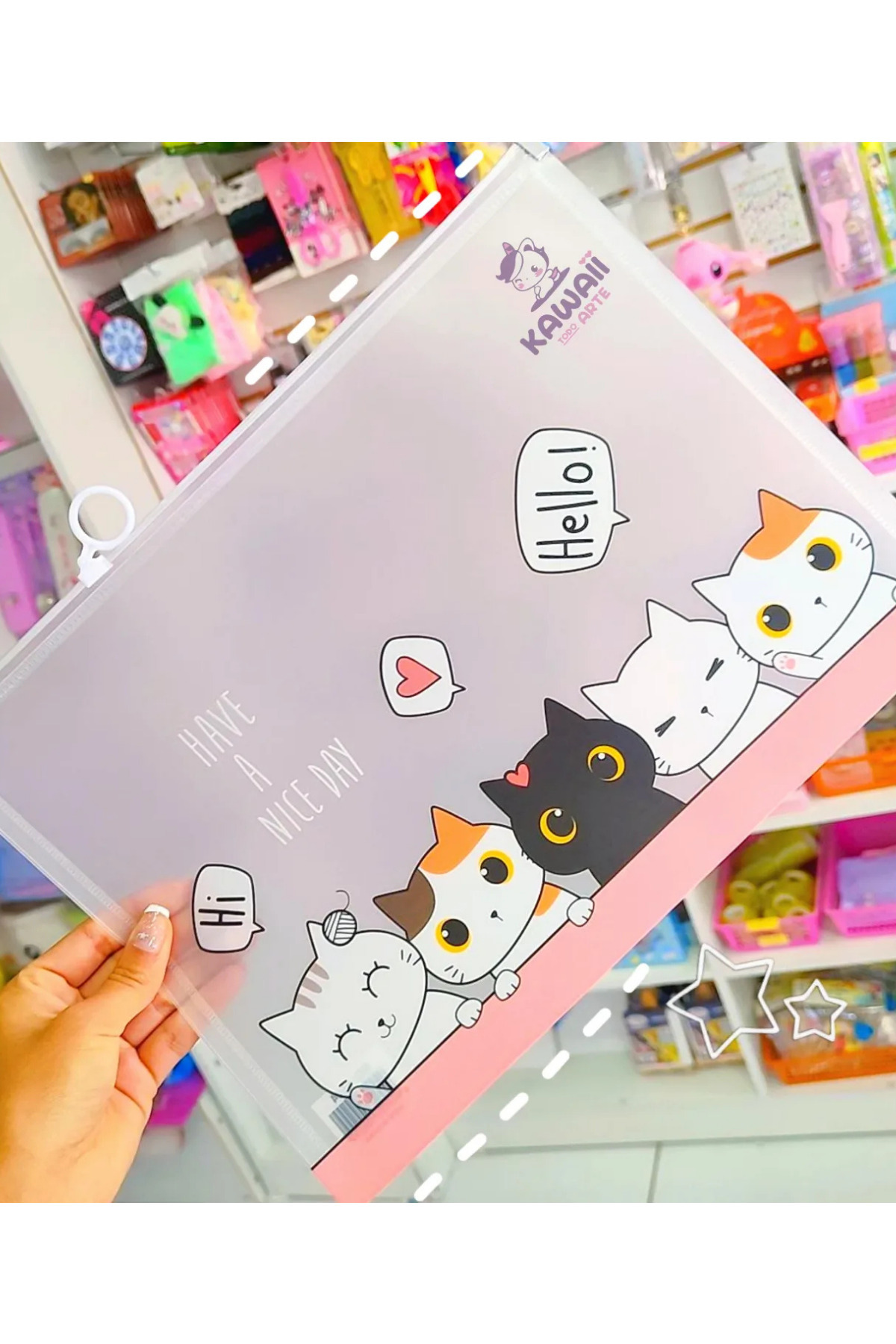 NaSaDAN  Kawaii Kedi Tasarımlı A4 Şeffaf Fermuarlı Dosya Evrak Çantası Su Geçirmez Organizer - Görsel 2