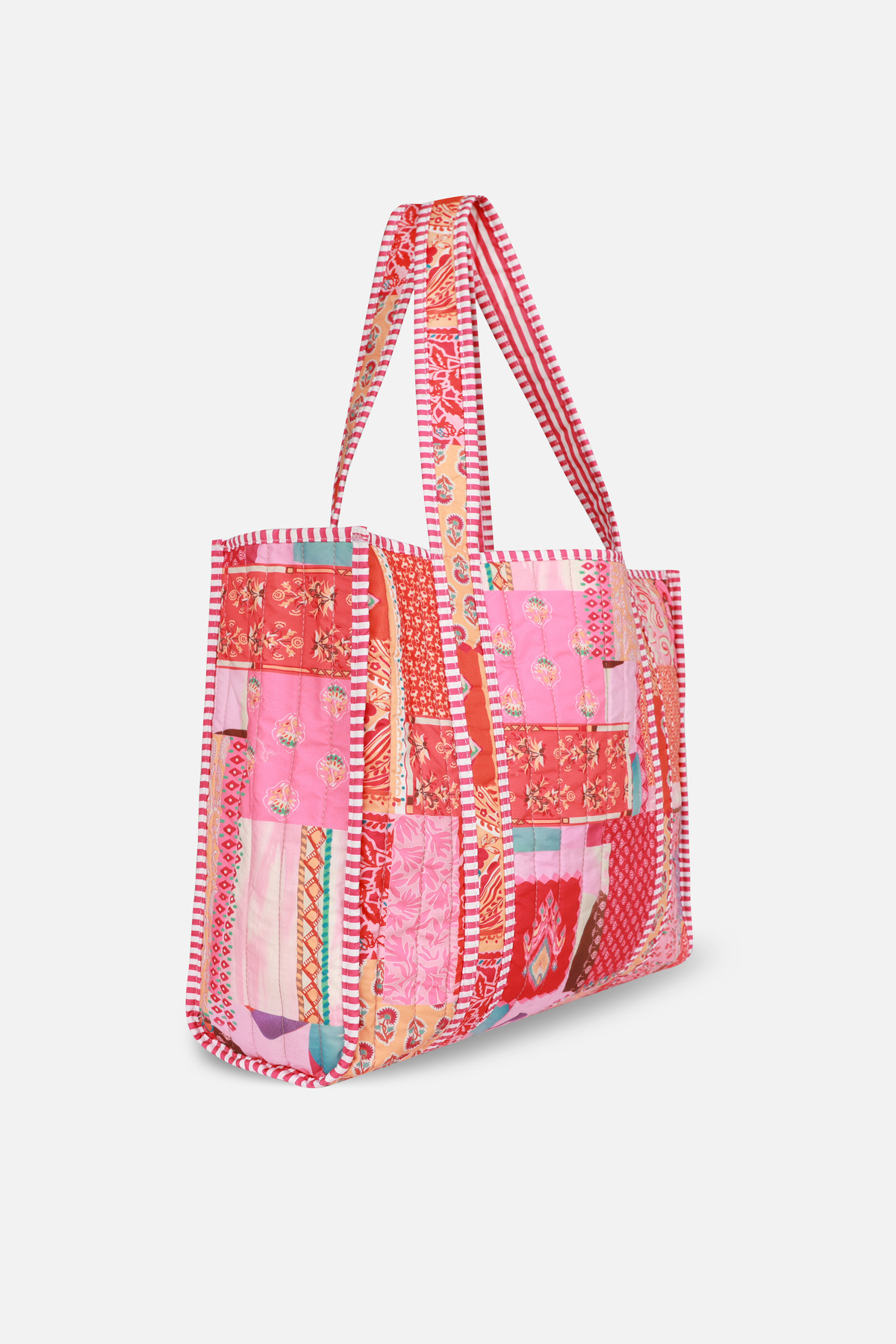 ICONE BAG Patch Yama Desen Baskılı Kapitoneli Plaj Çantası, İçi Çizgili Baskılı Shopper Çanta, Pembe Plaj Çantası görsel 3