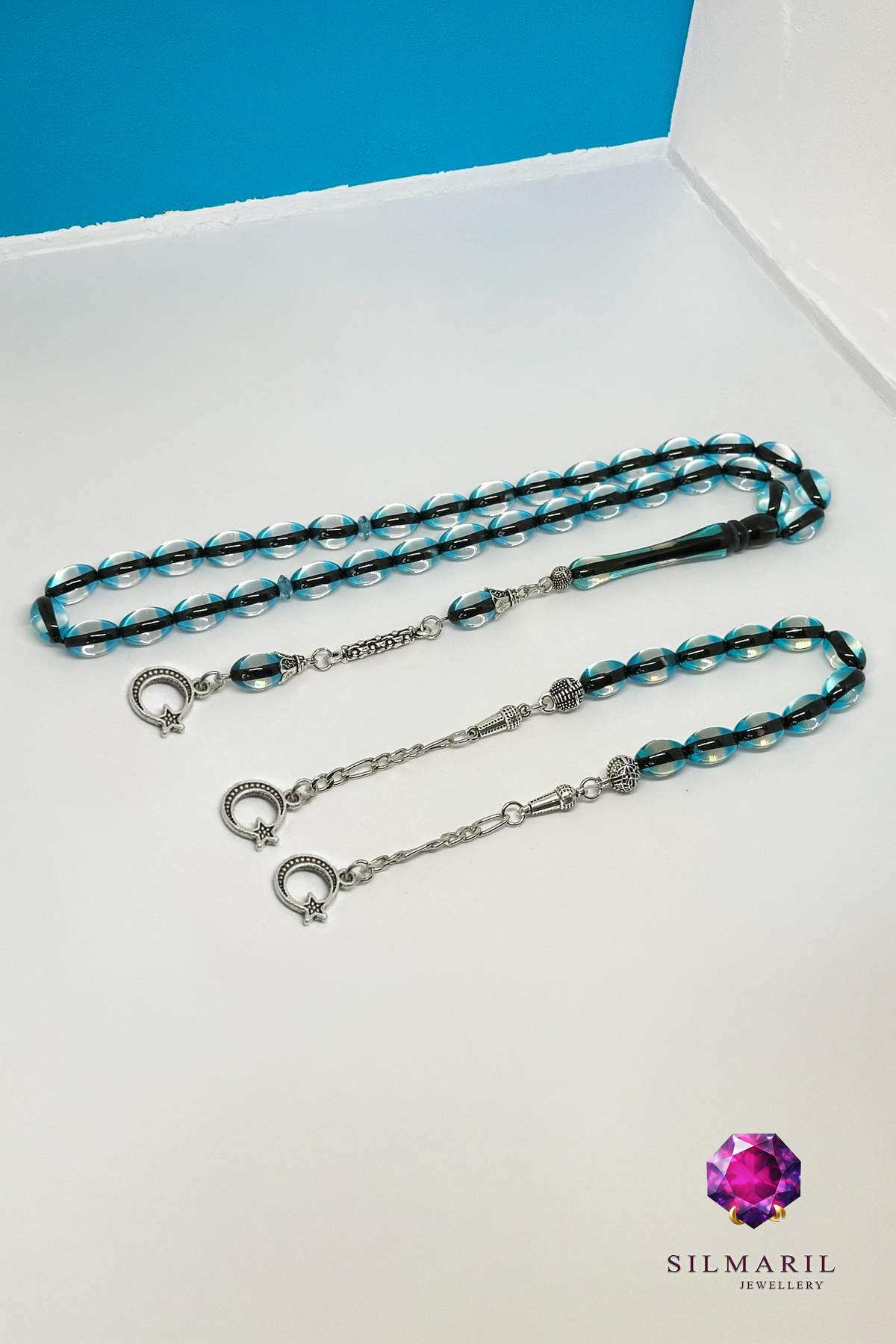 Ay Yıldız Figürlü Sürmeli Kehribar Tesbih Seti Zaza Model ile Koleksiyonluk Erkek Hediyesi Tespih — Silmaril Store (2)