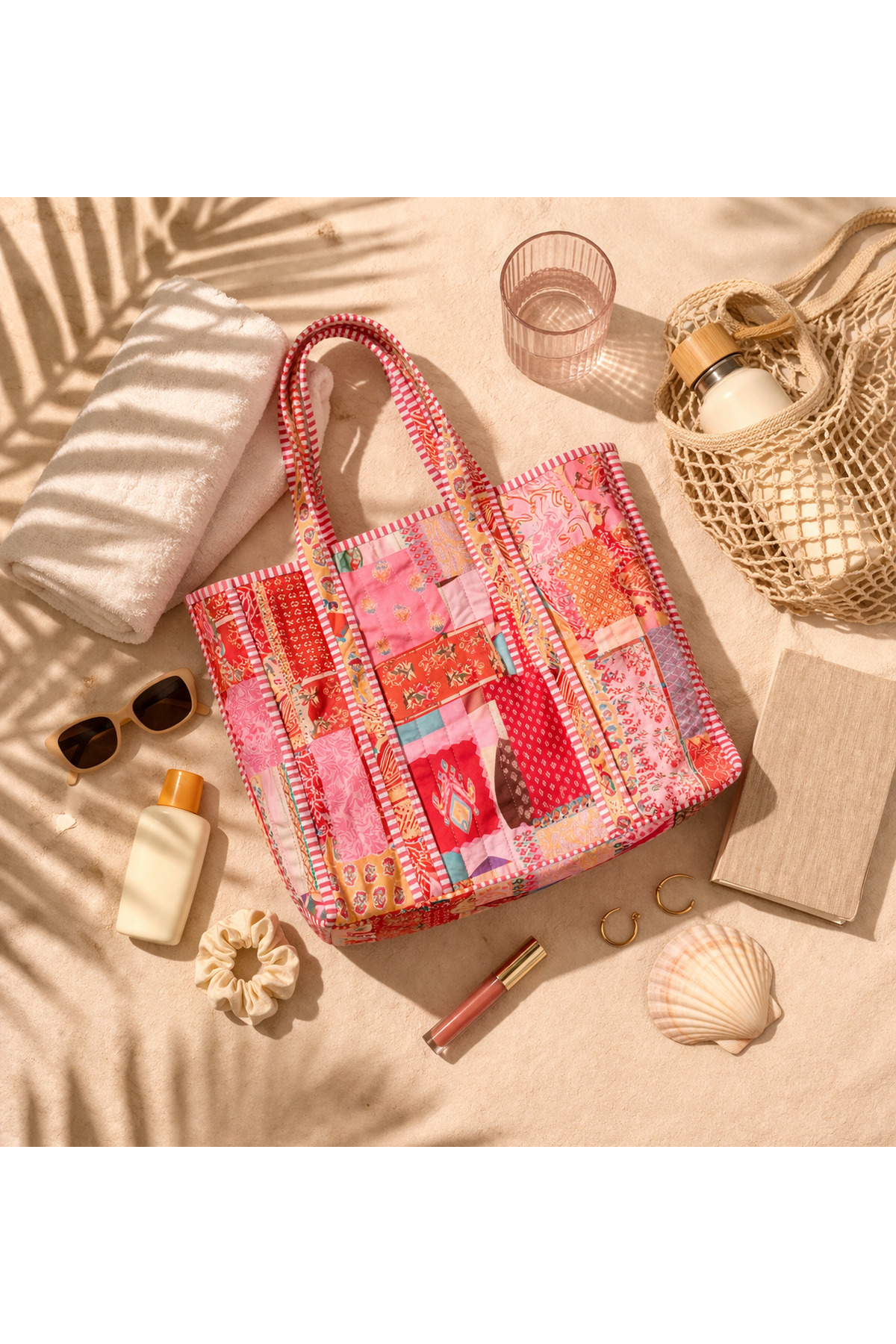 ICONE BAG Patch Yama Desen Baskılı Kapitoneli Plaj Çantası, İçi Çizgili Baskılı Shopper Çanta, Pembe Plaj Çantası görsel 7