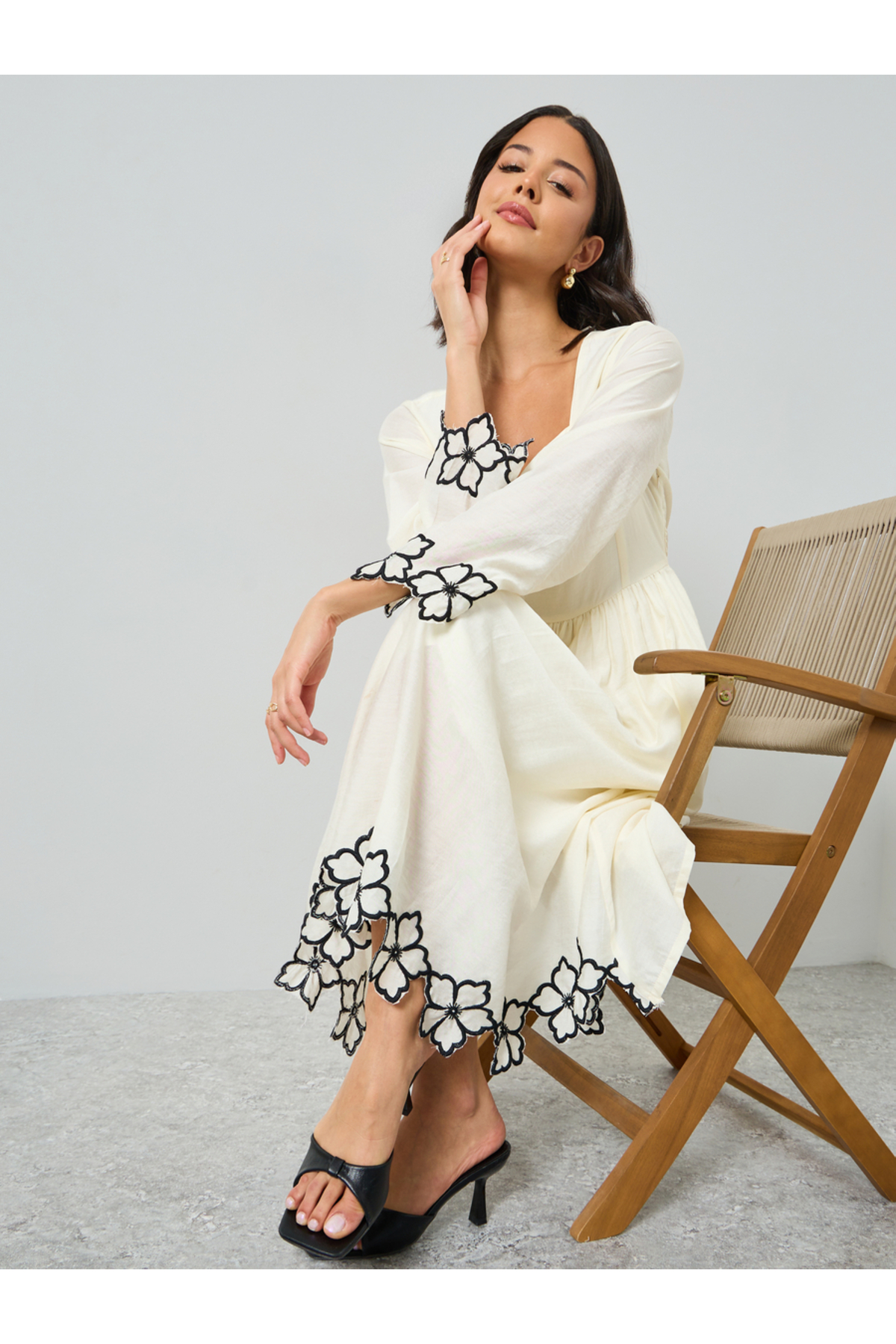 Styli Cream Floral Embroidery Square Neck Midi Dress