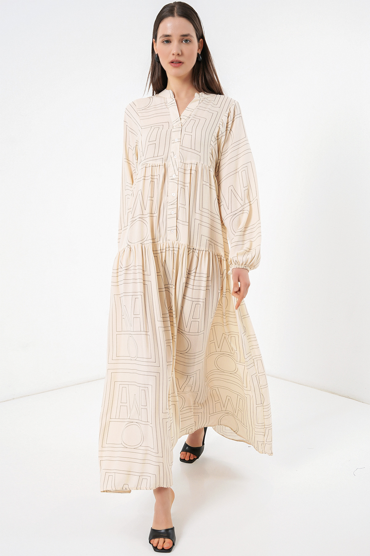 Bigdart Women's Patterned Long Hijab Dress 2585 - Plain Cream