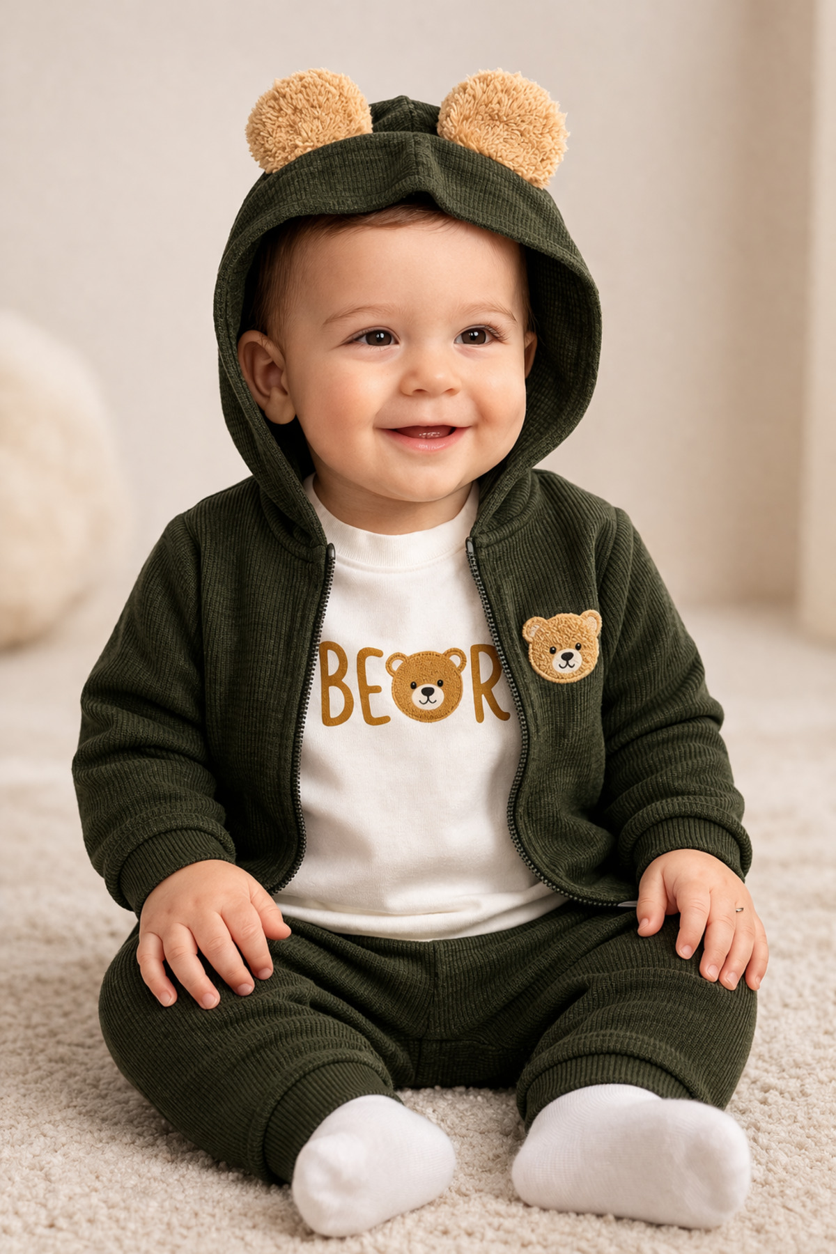 3-Piece Baby Set with Teddy Bear Ears and Waffle Fabric Cardigan (6-24 Months)