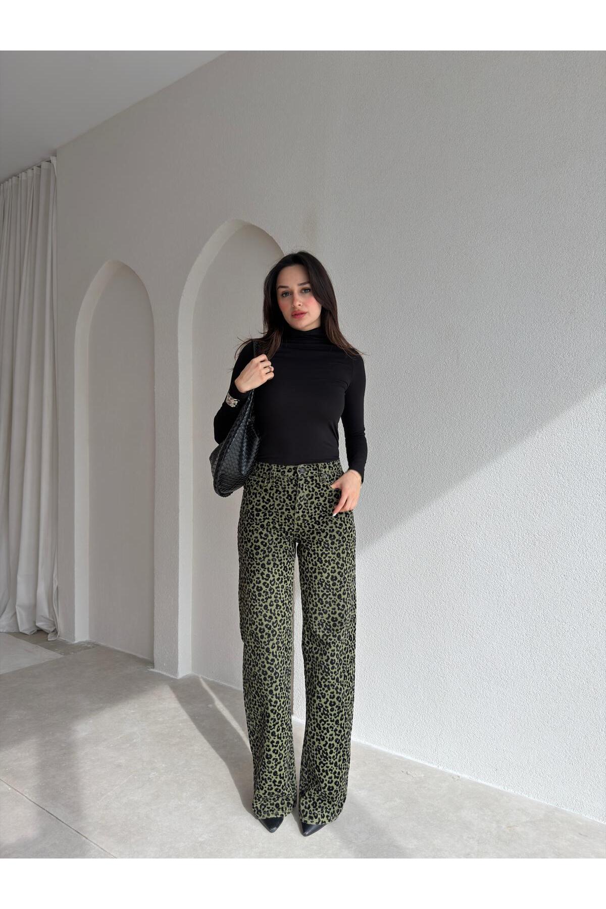 DUUE FASHİON  Kadife Dokulu Leopar Desenli Denim Pantolon - Görsel 3