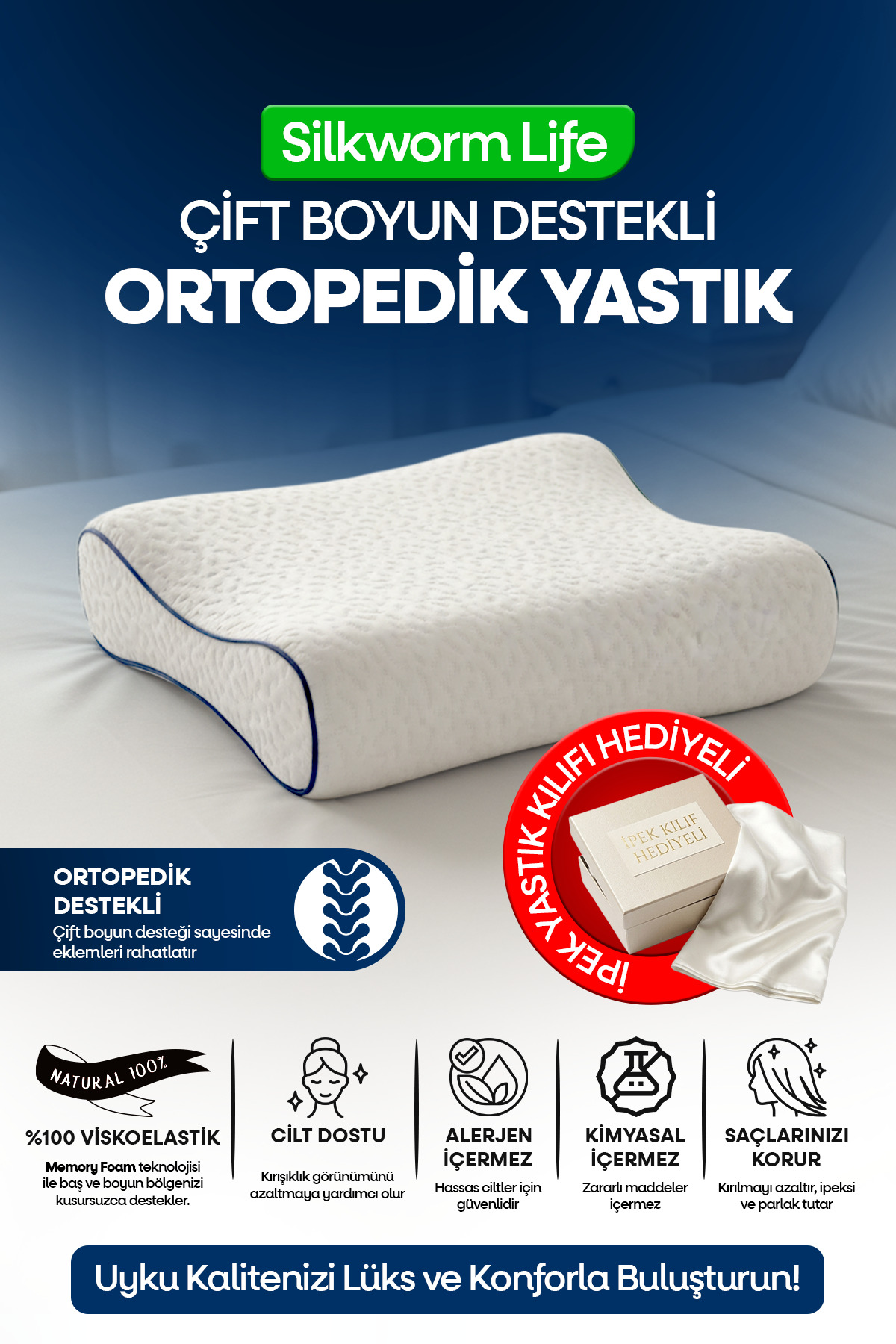 OWN COLOR of SILK ORTHOPEDIC VİSCO PILLOW WITH 100% SILK CASE [ 40 x 60 x 14 cm)