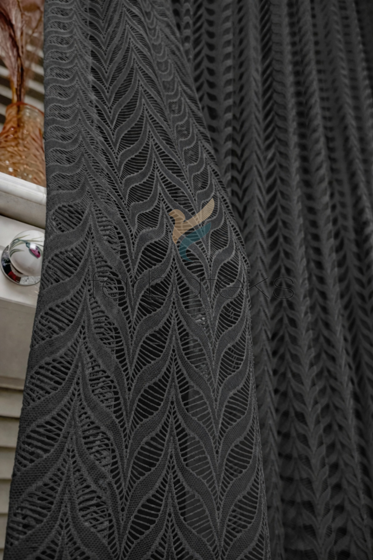 Anthracite Stylish Leaf Patterned Tulle Curtain Modern 2 Layers Pleated Living Room Tulle Elegance Series