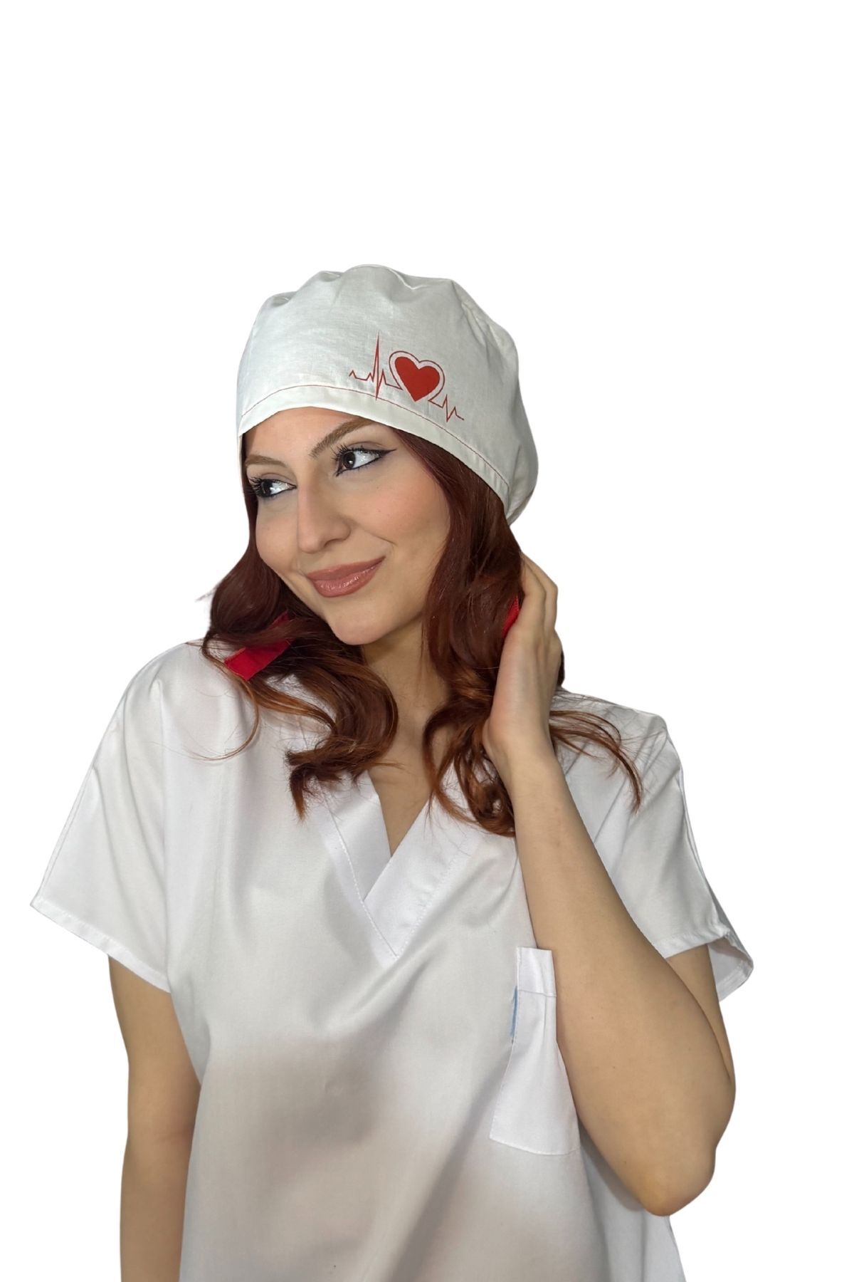 Cotton Poplin Surgical And Chef Bonnet White Red Heart Patterned