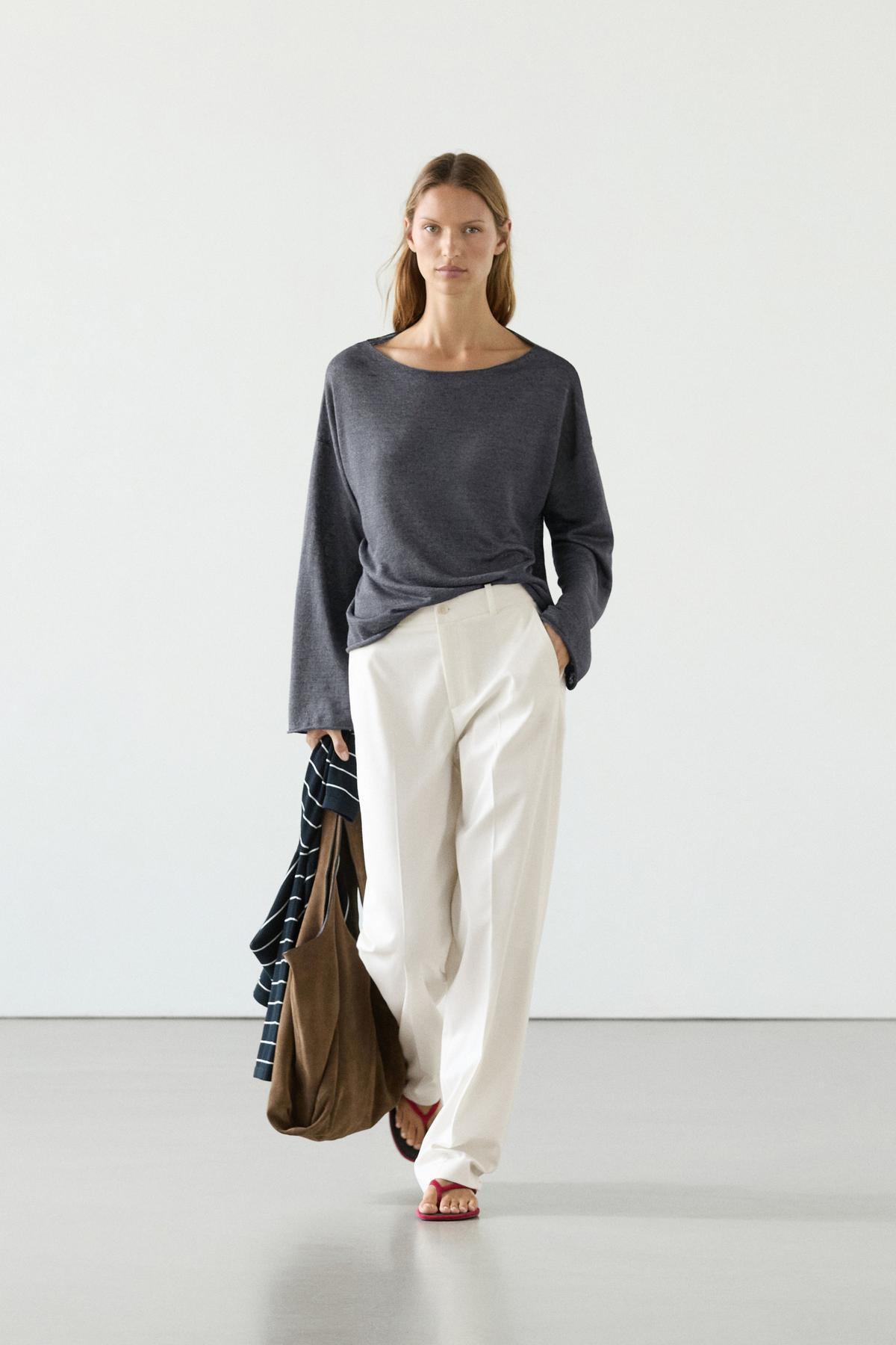 100% linen wide neck knitwear sweater