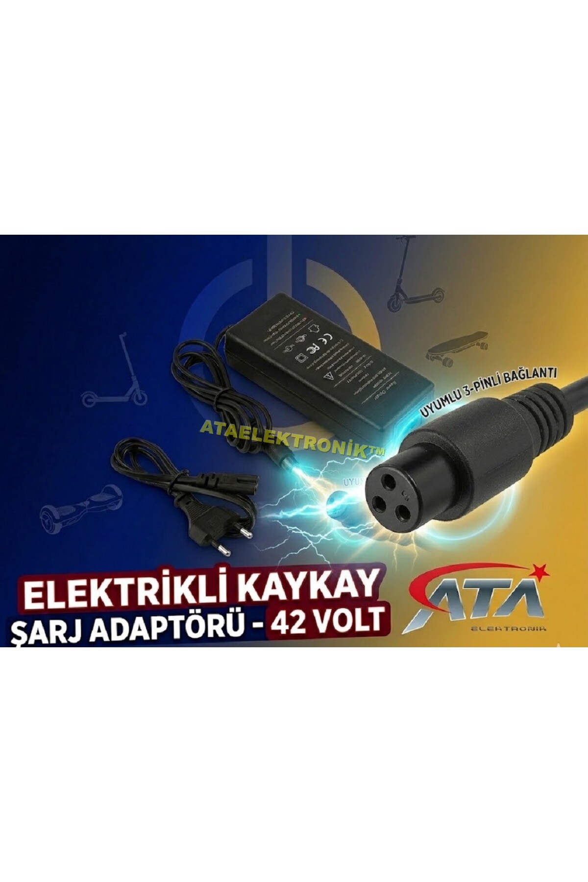 ATAELEKTRONİK 42V 2A Scooter Hoverboard Kaykay Şarj Aleti Adaptörü