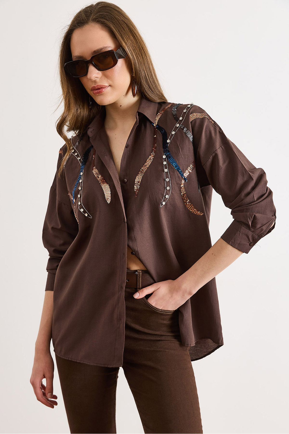 Olalook Women's Water-Bitter Brown Palm Leaf Sequin Detailed Woven Shirt Gml-19001225