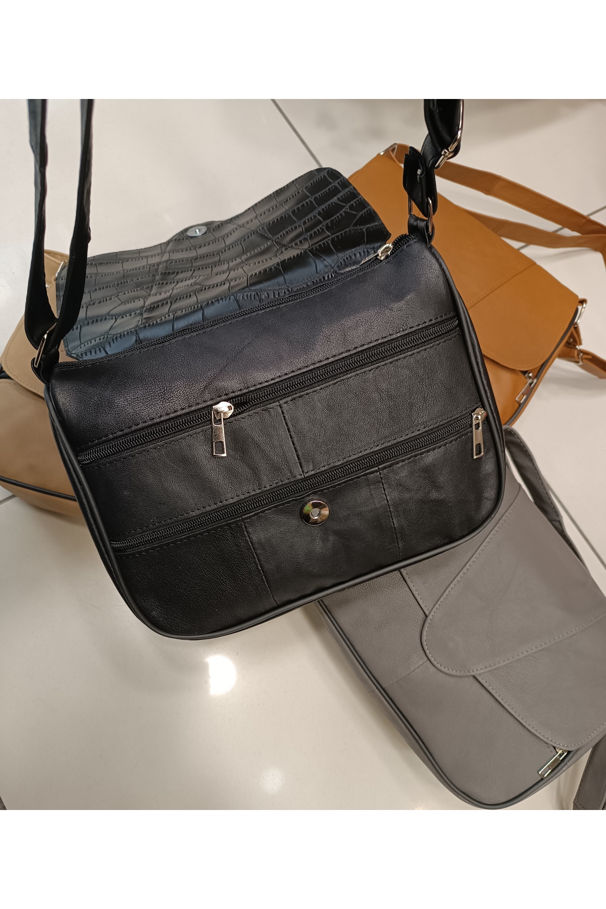 Sellona Bags Hakiki Deri Kadın Omuz ve Postacı Çanta/ Kadın Siyah Deri Çanta görsel 2