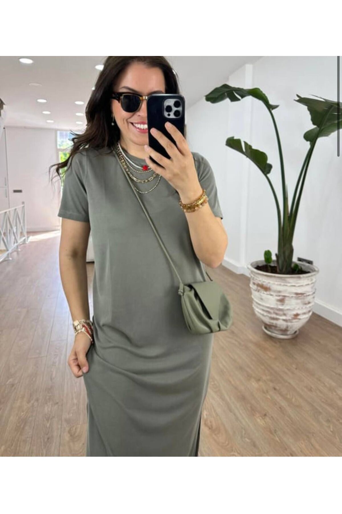 Women's Open Khaki Casual Fit Lycra Short Sleeve Long Slit Dress