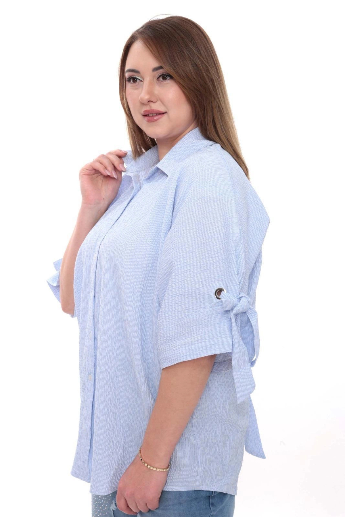 Lady Majestic  Büyük Beden Kadın Pamuklu Gömlek Rahat Kesim, Düğmeli, Volan Kol Detaylı - Görsel 2