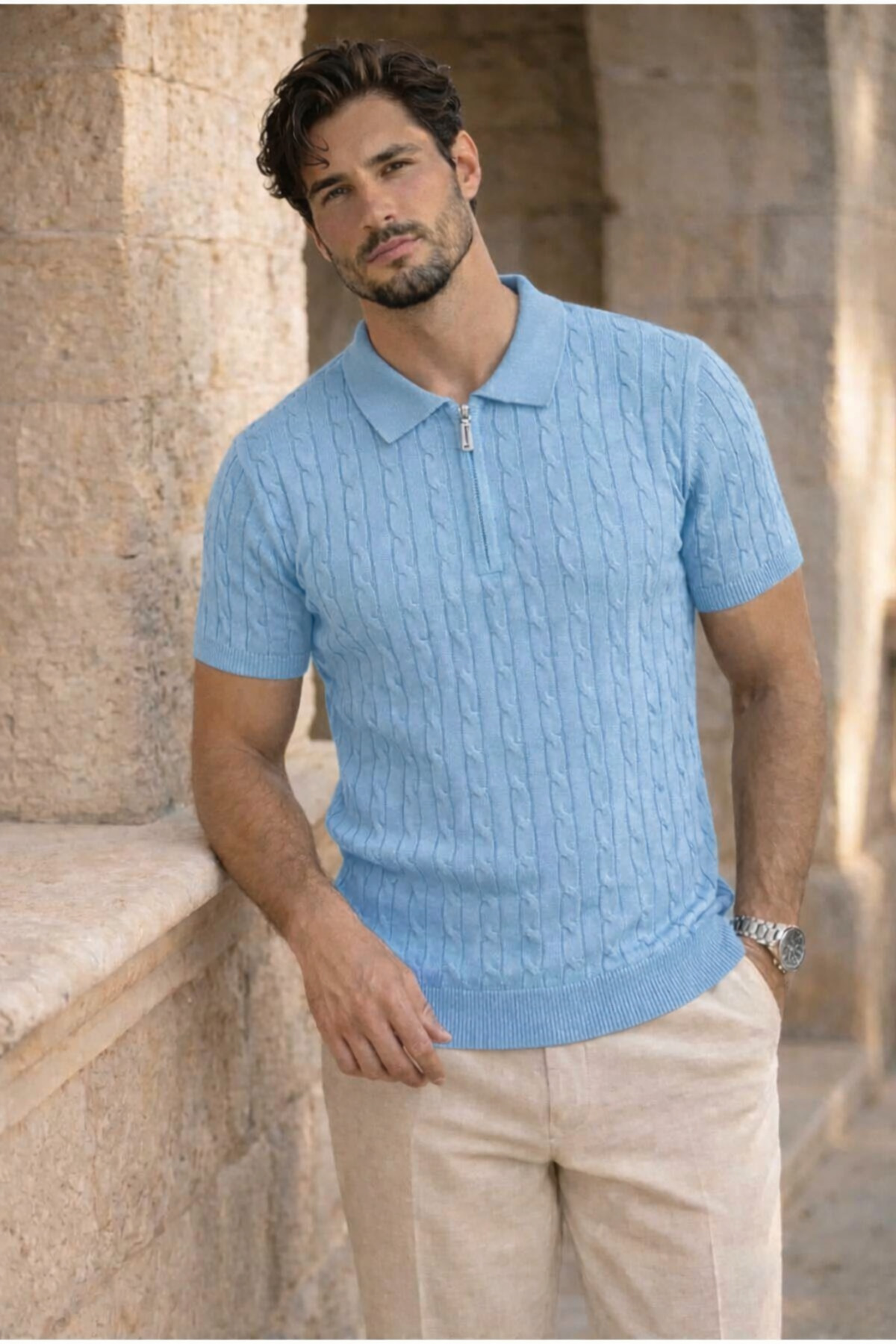 pepule Men's Braided Zippered Polo Collar Knitwear T-Shirt Slim