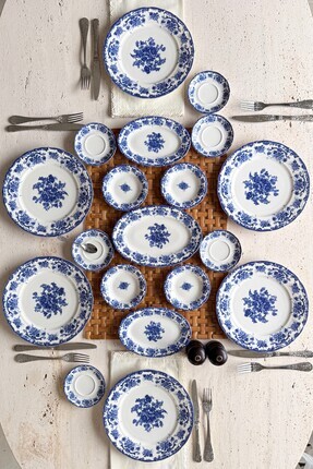 porselenden Antique deep azul 19 Parça 6 Kişilik Porselen Kahvaltı Takımı mav...