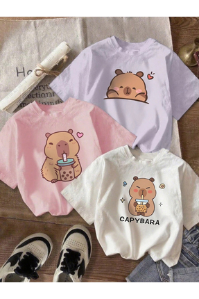 cc collection Kız Çocuk Cappybara Baskılı 3'lü Set Nefes Alan Yazlık T-Shirt