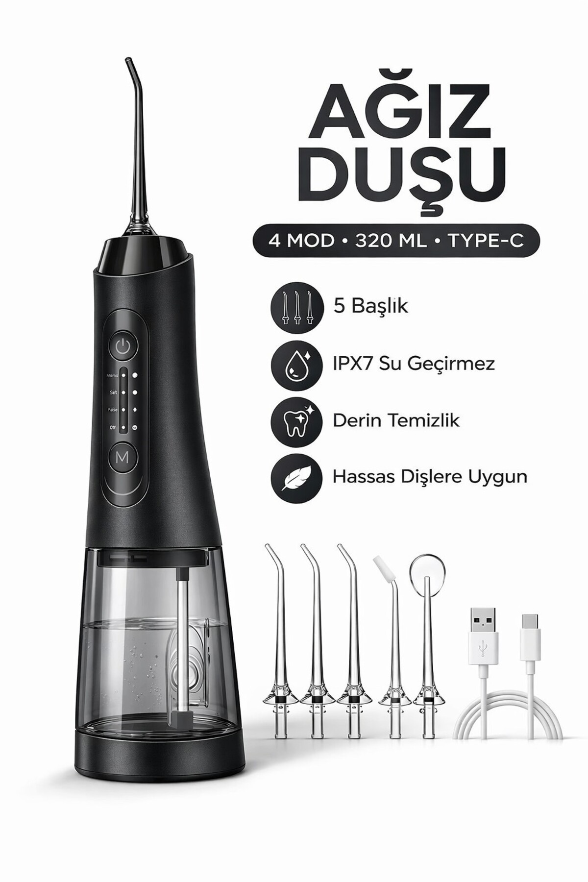 SMAYLİNG Şarjlı Ağız Duşu 320 ML Su Hazneli 4 Modlu Su Geçirmez Taşınabilir Oral Irrigator 5 Başlıklı Type-C - Fiyatı, Yorumları