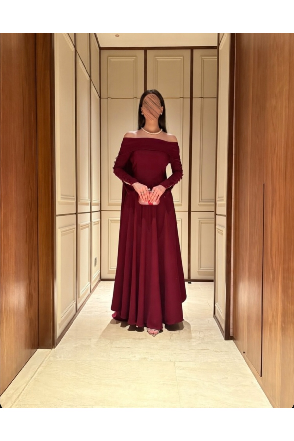elin Burgundy Off-Shoulder Evening Dress with Sleeves and Embroidery -  A-Line Silhouette- Trendyol