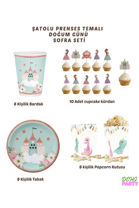 DEHAPARTY Karton Şatolu Prenses 23 Cm 8'er Adet Tabak Bardak Popcorn Kürdan S...